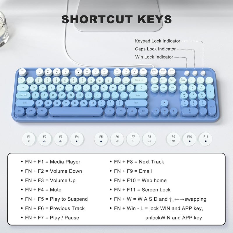 Atelus USB Wired Computer Keyboard - Retro Typewriter Style Full Size Office Keyboard with Number Pad, Caps Indicators, Foldable Stands, for PC Laptop Desktop Windows (Blue) - Image 5